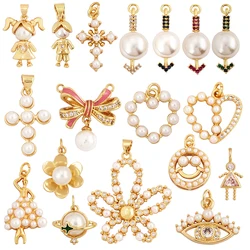Cross Smiling Face Heart Flower Pearl CZ Zircon 18K Gold Charm Pendant,Bracelet Necklace Attachment Jewelry Findings Supply L36