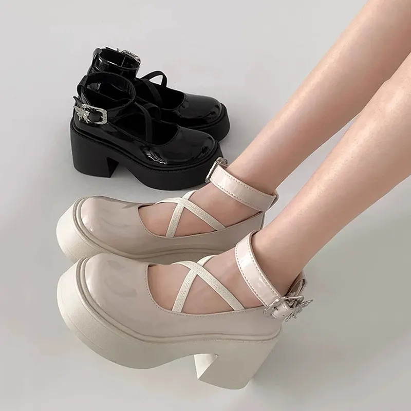 Metal ankle buckle High Heels Women Y2K Lolita shoes Chunky Platform Mary Jane Shoes Woman Thick Heel Gothic JK uniform shoes