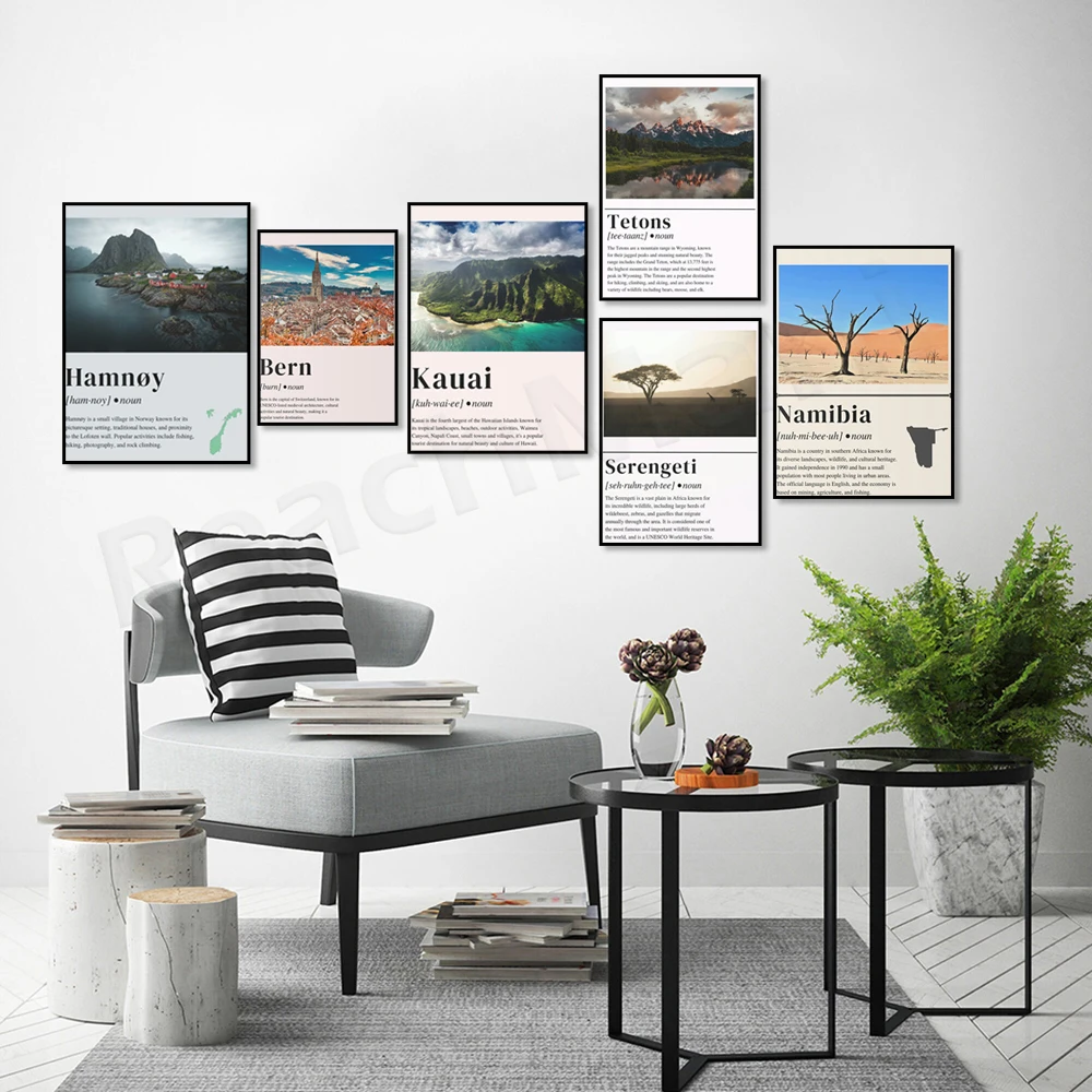 Serengeti, Acadia, Fiordland National Park, Maine, Teton Mountains, Kauai, Hawaii, Bern, Sicily, Namibia travel poster