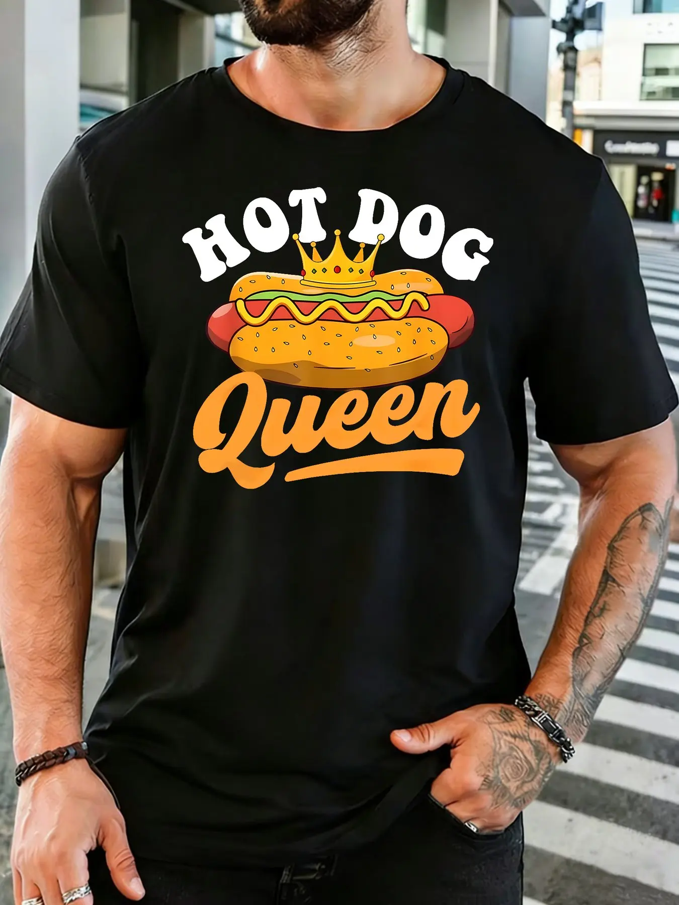 Male Black Round Neck T Shirt Crown Hot Dog With Mustard Print Hot Dog Queen Slogan Funny Retro Fast Food Daily Cotton Tee