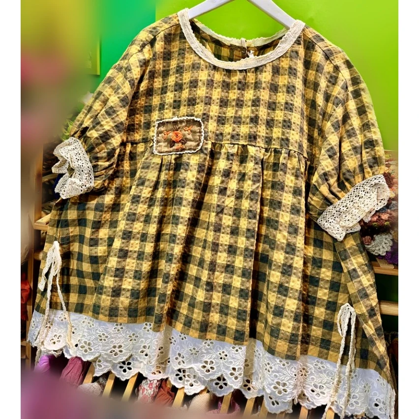 

Women Vintage Plaid Cotton Linen Patchwork Lace Summer Split Blouse Cute Korean Sweet Bow Retro Mori Girl Cottagecore Shirt Tops