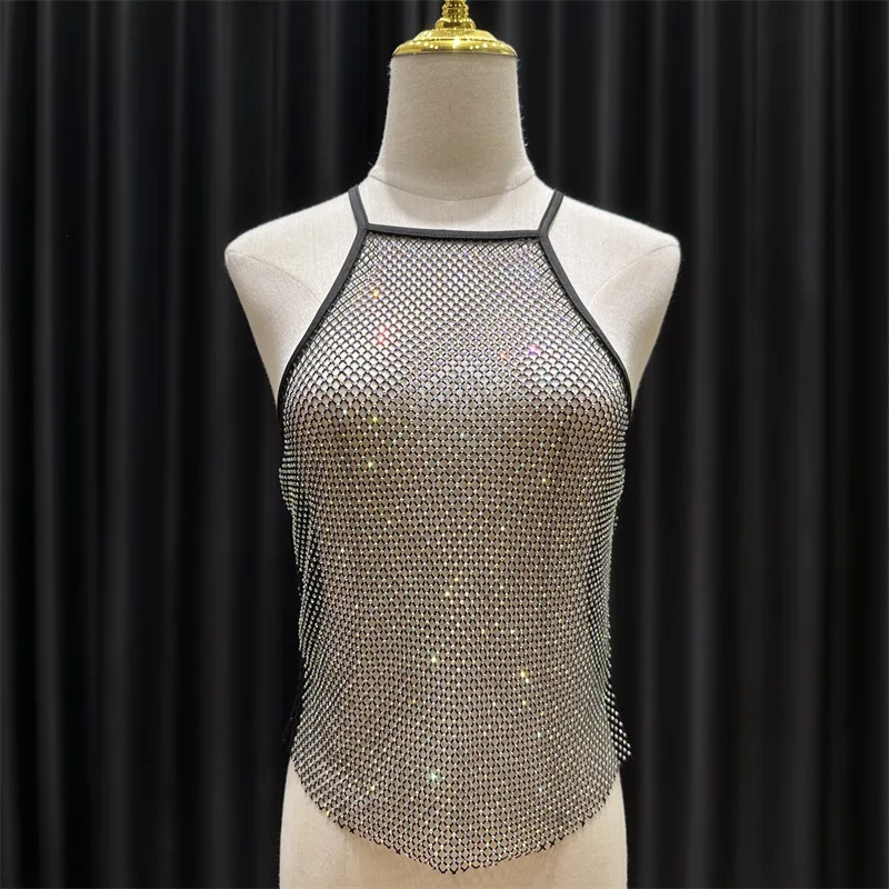 

Women See Through Mesh Diamond Tank Tops Hollow Out Beach Cover up Crop Tops for Rave Festival Clubwear Versatile Spicy Girl Top