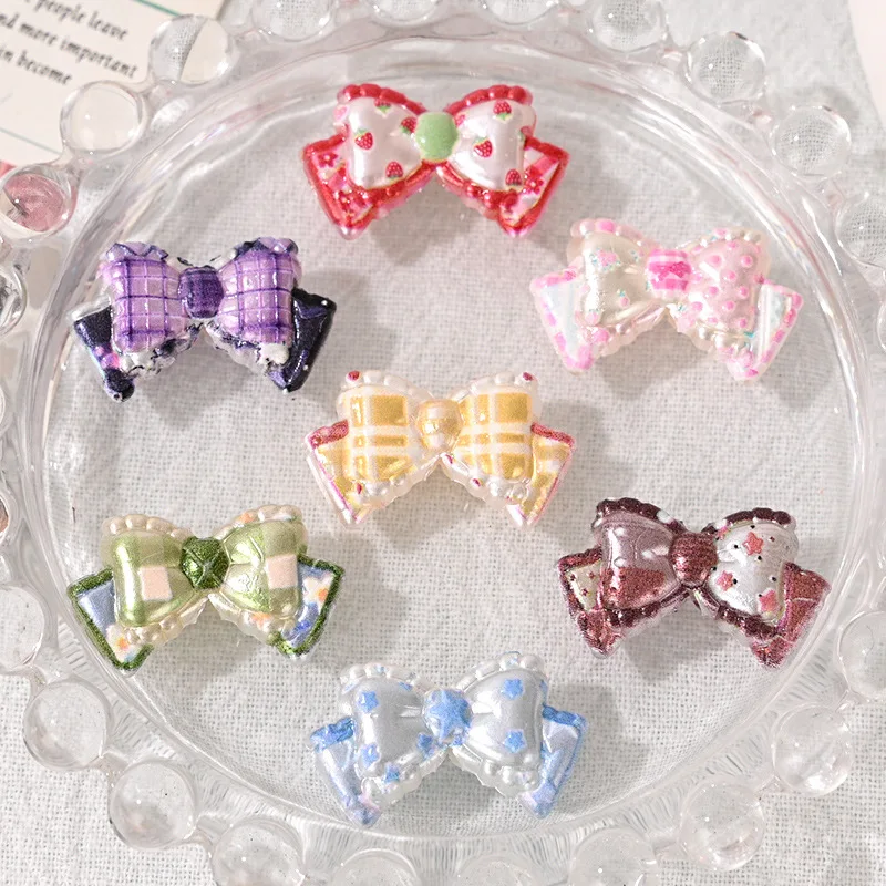 10 PCS 25X15MM Acrylic Bow Shape Beads Sweet Korean Design Printed Pattern Loose For DIY Phone Chain Keyring Craft Supplies