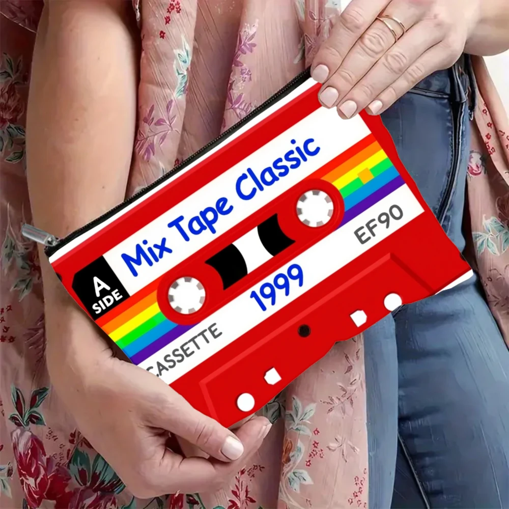 1Pc Mixed-Design Classic Cassette Tape 1999 Ef90 Retro Design Makeup Bag, Snack Storage Bag, Stationery Storage Bag, Canvas Double-Sided Printed Bag