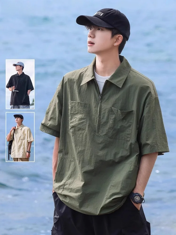 

Мужская летняя тонкая рубашка из ледяного шелка с коротким рукавом и воротником-поло, в японском стиле, повседневная, свободного кроя, быстросохнущая