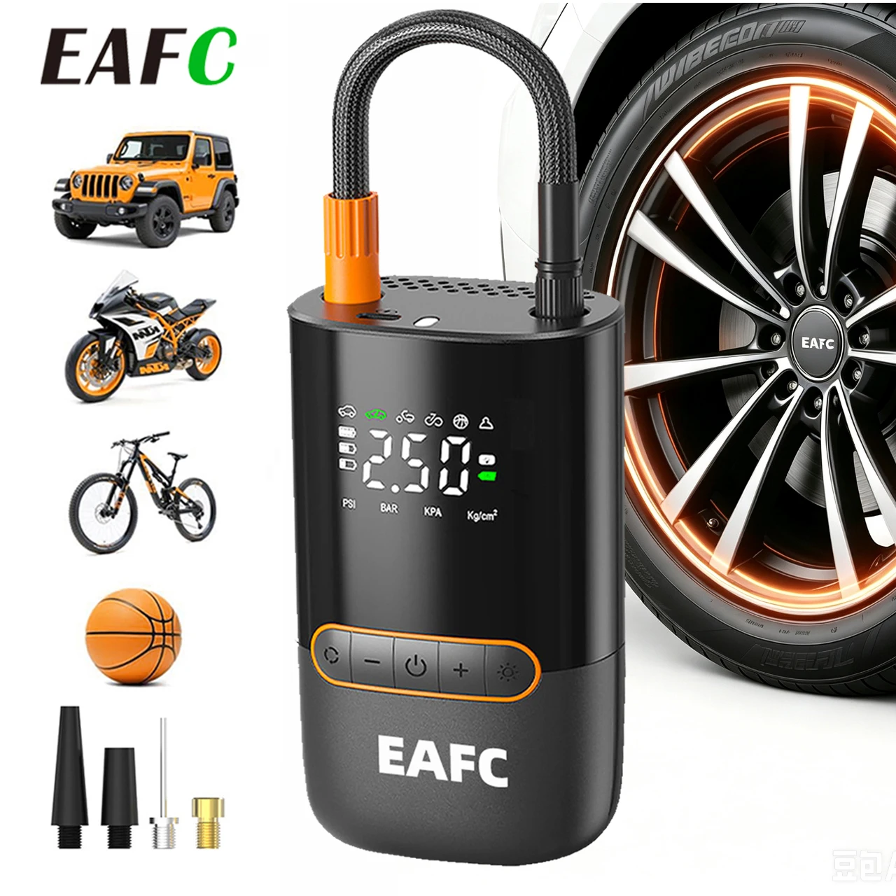 EAFC Luftpumpe, Reifenfüller, tragbarer Kompressor, digital, kabellos, wiederaufladbar, Luftpumpe, Autoreifenfüller für Motorräder, Fahrräder, Bälle, Powerbank, Notlicht