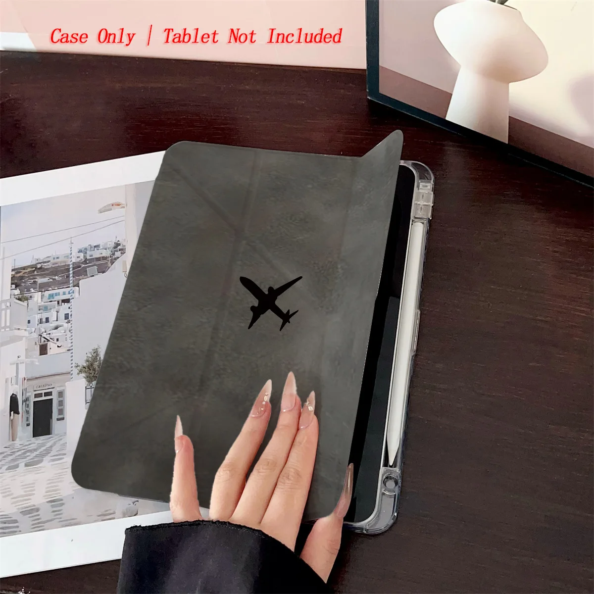 

Minimalist Y-Fold Gray Background & Black Plane iPad Case For Apple iPad Pro 11/12.9 Air 3/4/5 Mini 5/6 8th-10th Gen Cover