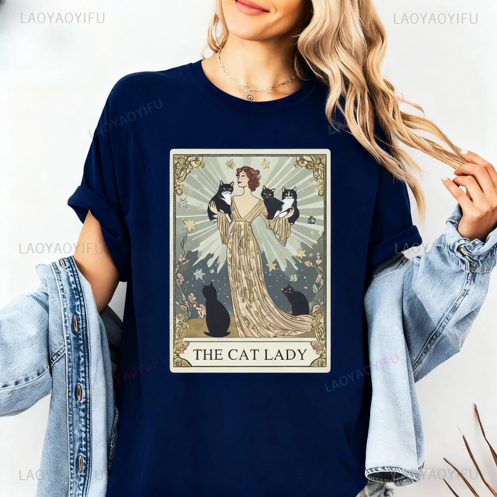 

Cat Lady Tarot Card Shirt Cat Lover Gift Tshirt Witchy Cat Lady Tee Kitten Mom Gift T-shirt Vintage Creative Daily Life Women T