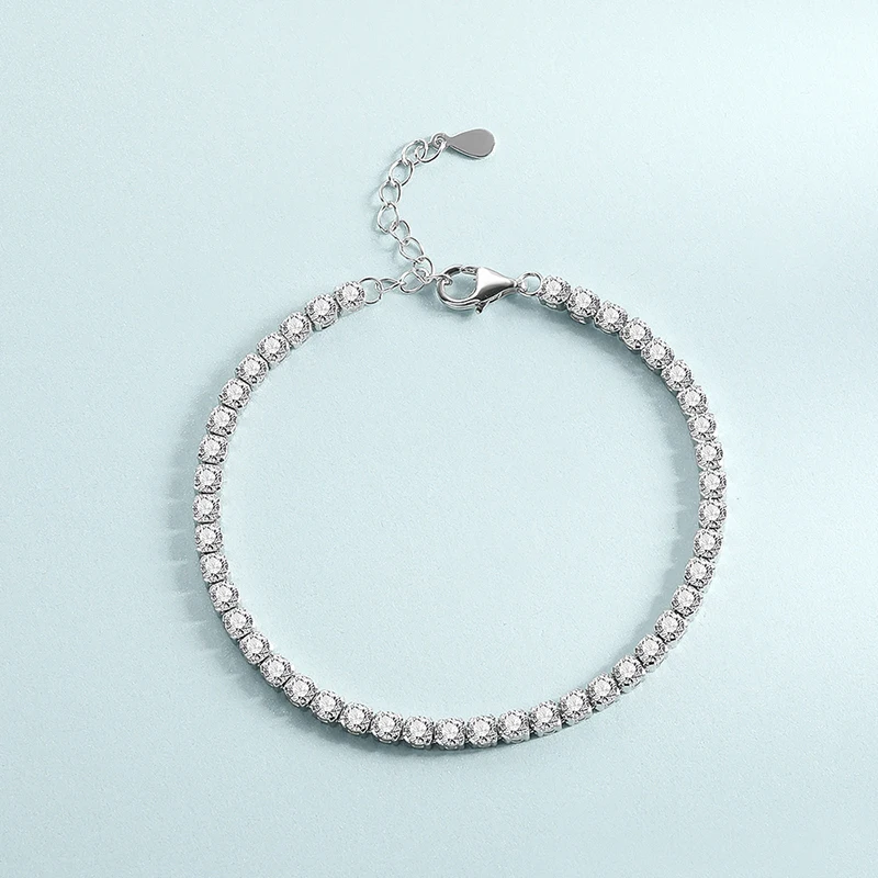 EWYA Funkelndes 100 % echtes 0,1 ct 3 mm volles Moissanit-Armband für Frau, Mädchen, Party, S925-Sterlingsilber, Diamant, 2 mm Gliederarmbänder
