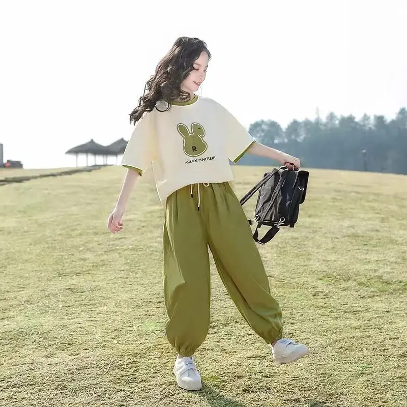 2026 Summer Child Set Clothes Girls Tracksuit Letter T Shirt + Green Sport Ankle-Tied Pants Kid Teenager 4 6 8 9 10 11 12 Years