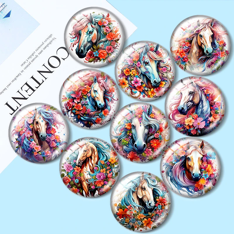 

Horse With Flowers Watercolor 12mm/20mm/25mm Round glass cabochon flat back Making findings for custom DIY bracelets