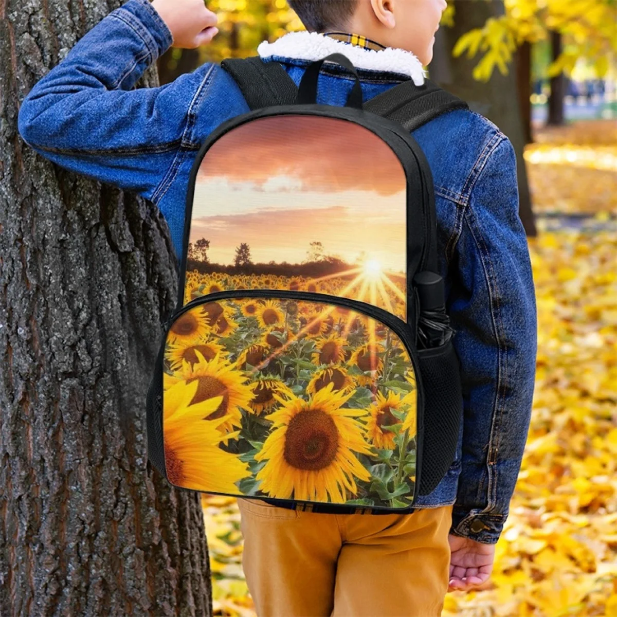 FORUDESIGNS Sunset Sunflowers Printing Schoolbags Student Fashion Multi Pocket Backpacks Travel General Purpose Convenient Book