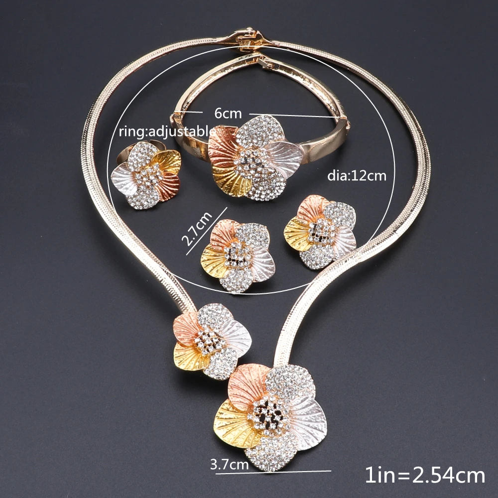 CYNTHIA Dubai Gold Color Jewelry Sets For Women Flower Shape Necklace Earrings Bracelet Nigerian Bridal Wedding Party Jewelry
