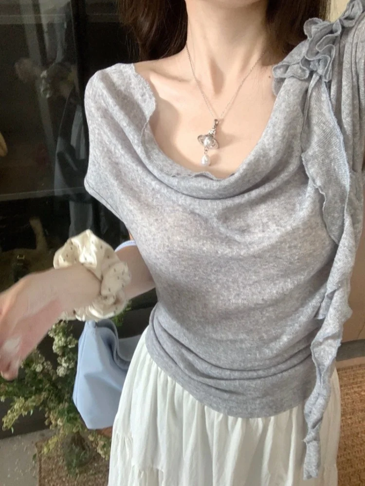

Fashionable Summer T-Shirt Waist-Cinching Short-Sleeve Floral Sash Design Commute Style Korean Version Slimming Effect