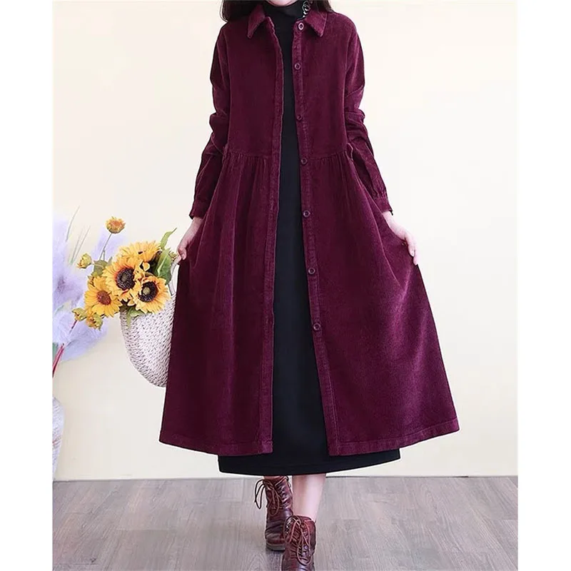 

High End Corduroy Windbreaker For Women 2024 Spring Autumn Winter Loose And Slimming Casual Mid-length Coat Outerwear Femme