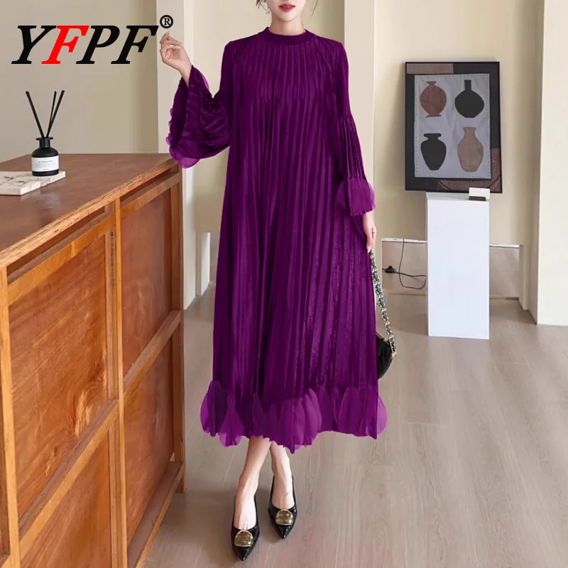 

YFPF Elegant Miyake Pleated Design Dress Women Flare Sleeve Solid Color Belt Gathered Waist Loose Dresses 2025 New Clothing