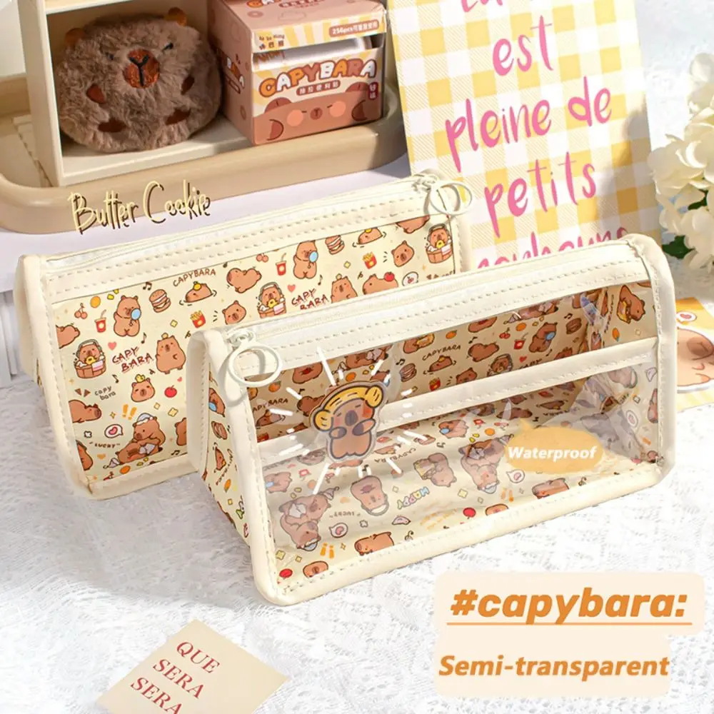 Large Capacity Capybara Pen Bag Triangle Base PVC Pencil Case Waterproof Transparent Stationery Bag Gift