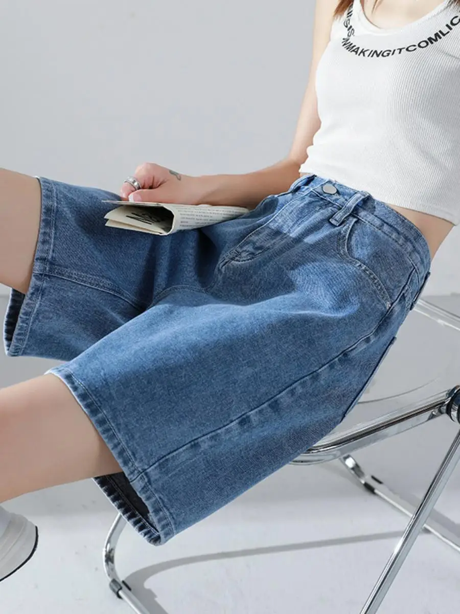 

High Waist Loose Fit ort Jeans Women's Summer Thin New Sle High Street INS Trendy Five-Quarter Wide Leg Pants