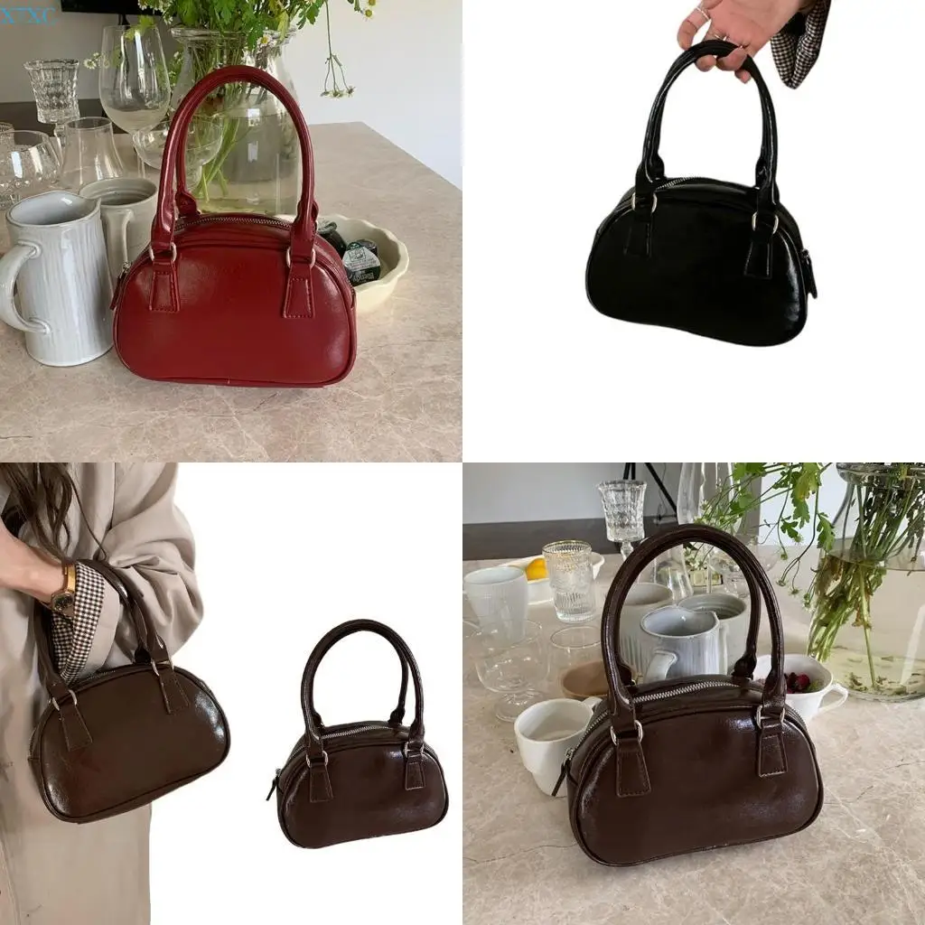

X7XC Women Handbag Korean Shoulder Crossbody Bag PU Leather Bag Fashion Bowling Bag Simple Shopping Bag