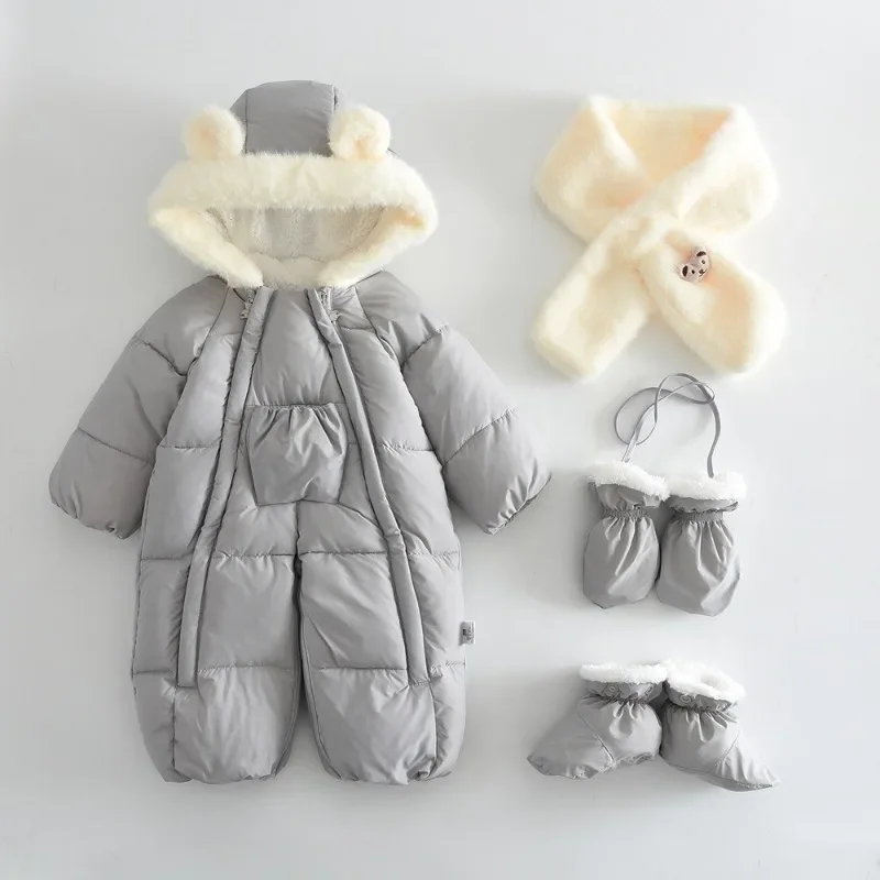 4-teiliges Set BELLBELL Winter-Strampler für Neugeborene Mädchen + Schal + Handschuhe + Schuhe, Outfit mit Kapuze, Plus Samt, warm, für Säuglinge, Babys, Mädchen, Jumpsuits – Detail 2