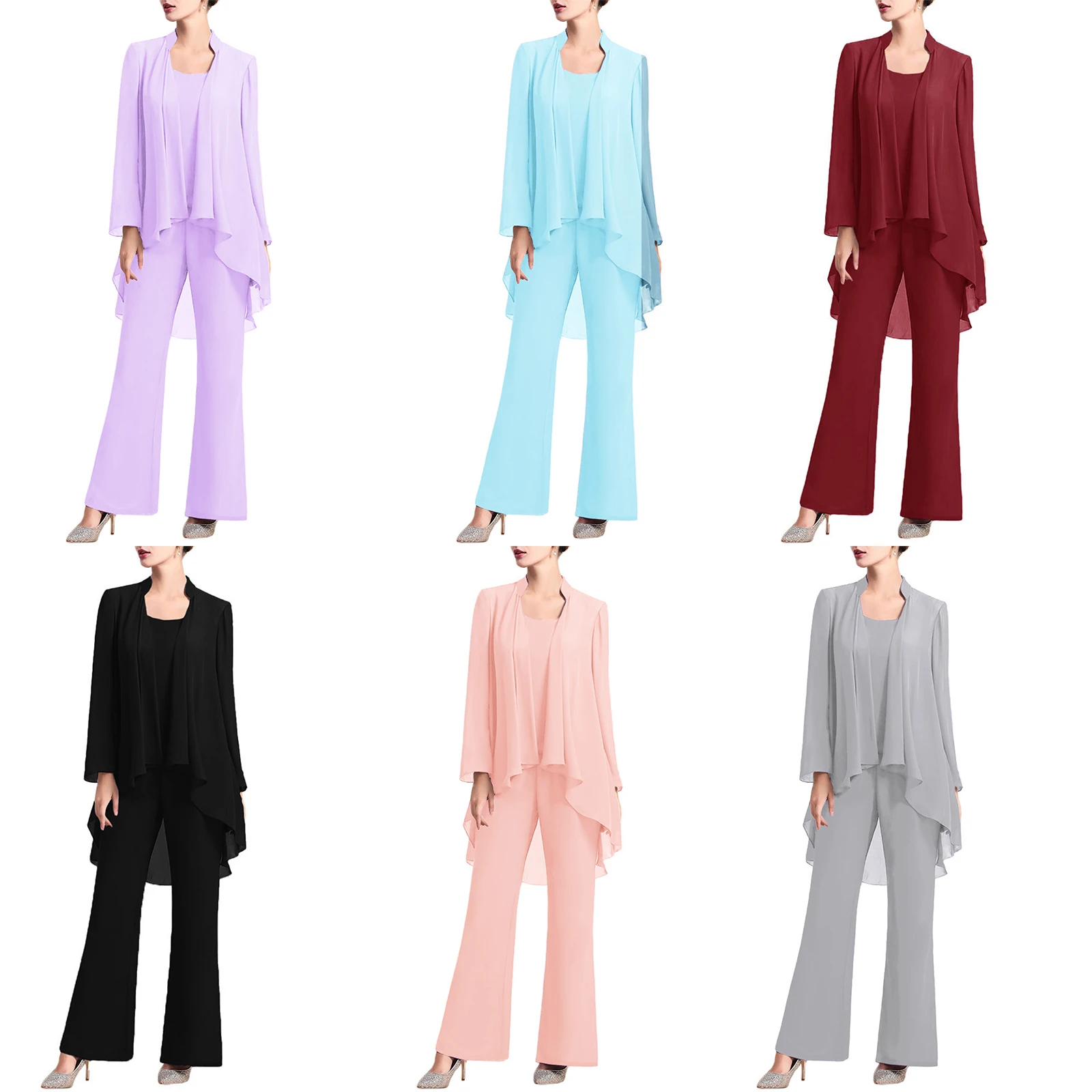 Womens Elegant Chiffon Party Suit Round Neck Tank Top Long Sleeve Open Front Cardigan And Long Pants Solid Color 3-Piece Set