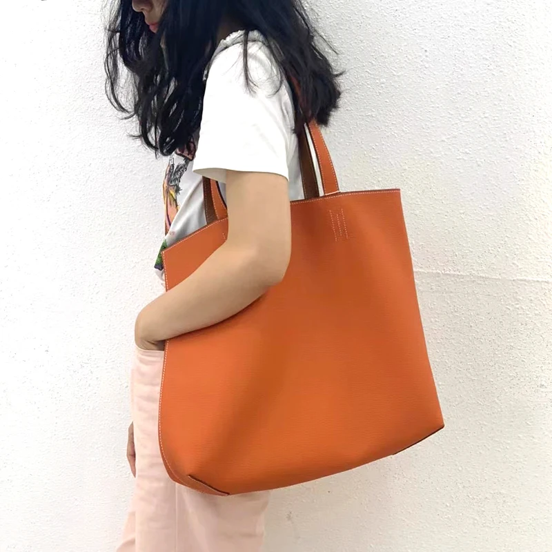 Genuine Leather Tote Bag for Women, Large Capacity Shopping Bag, Head Layer Buckle, Large Capacity, Inside and Outside, Fashion