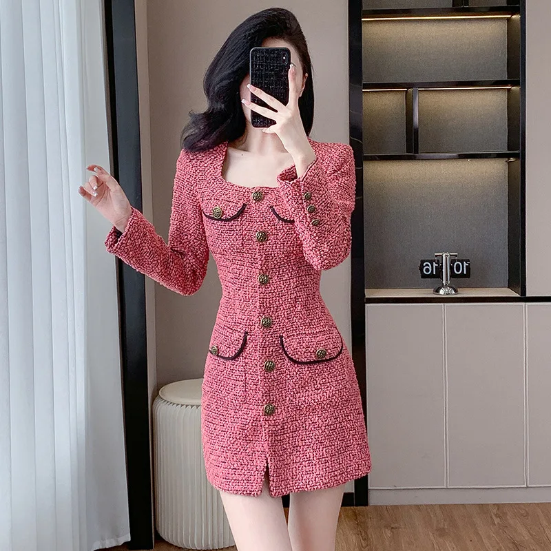 Spring Autumn Women\'s Pink High-Quality Fragrant Coarse Woolen Dress
