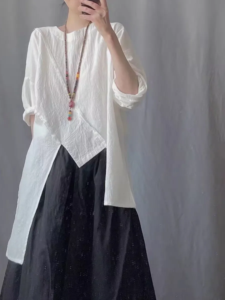 tappetino Bla Bianco Cotone Lino irt rotondo Ne Overhead Set Orlo asimmetrico Design Faionable Top per donna