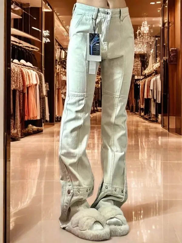 High Street Washed Light Yellow Mud Row Jeans Men's and Women's Trendy Brand Hip Hop Hanging Khaki Cargo Wide Leg Trousers Pants