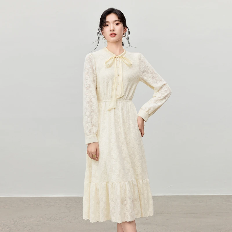 

SENTUBILA Women's Lace Dress 2025 Autumn Elegant Commuter Pearl Buckle Floral Polished Lace Long Dress Ladies Clothes 153LA3087