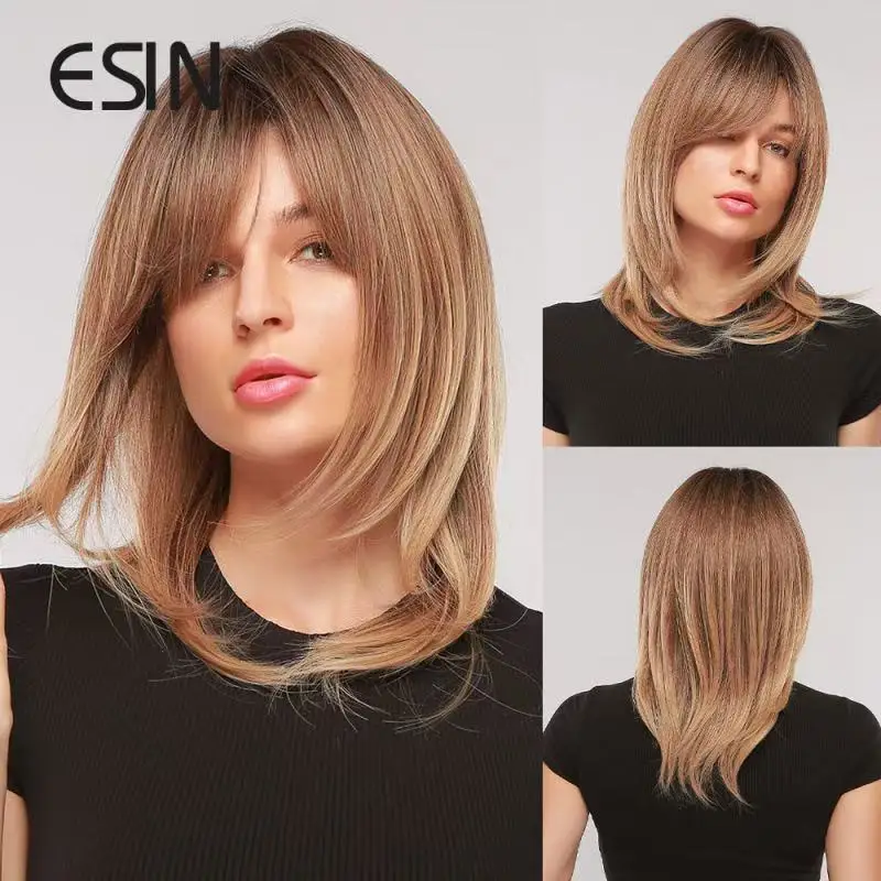 Коричневый синтетический парик Средней длины Прямые волосы с восьмифигурной челкой Натуральные имитационные волосы Легкий дышащий полный чехол на голову