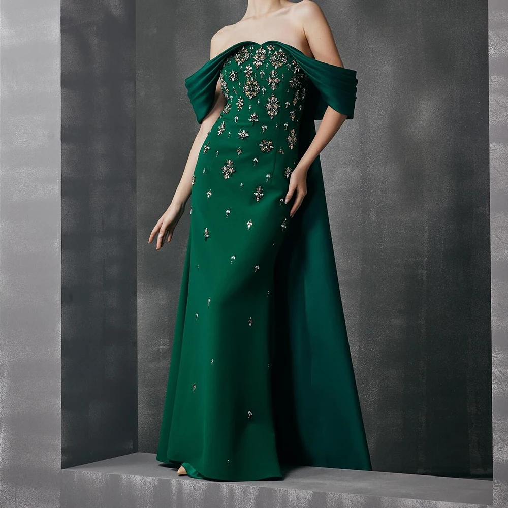 

Customized Mermaid Evening Dresses Floor-length Off The Shoulder Sleeveless Prom Gown Fashion Crystal Pleat Draped Party Gown