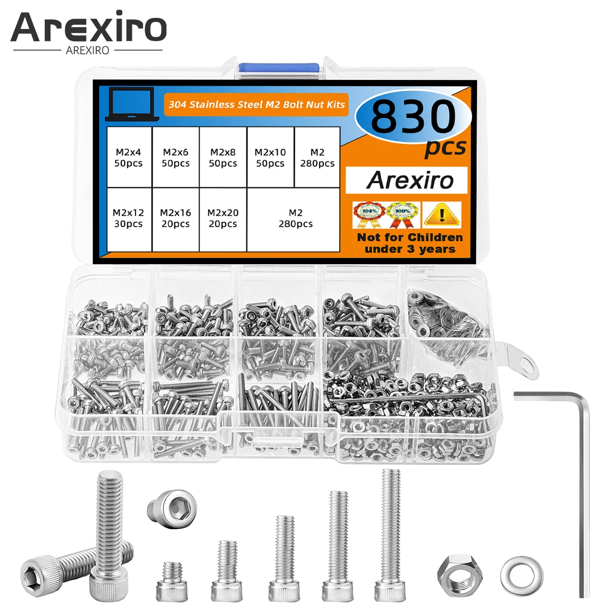 

830Pcs M2 304 Stainless Steel Hex Socket Head Screws Nut Bolts M2x4/6/8/10/12/16/20mm Metric Machine Screw Kit