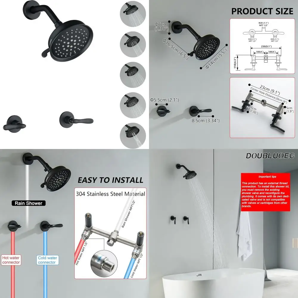 

2 Handle Shower Faucet Set with 5 Setting Rainfall Showerhead Shower Faucet Set 2 Knobs, Matte Black