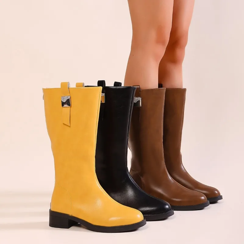 

Spring and Autumn New Block Heel Mid-leg Boots Fashion Round Toe Back Zipper Soft Sole Non-slip Simple Leather Shoes