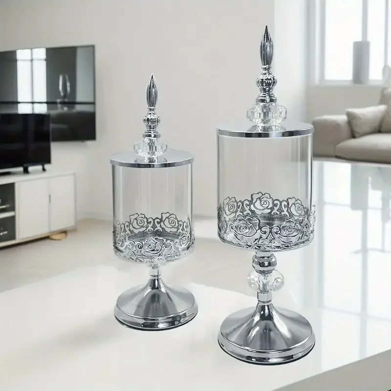 1pc Elegant Vintage European Candy Jar with Lid Transparent Metal Storage Container Living Room Storage Decoration Ornaments