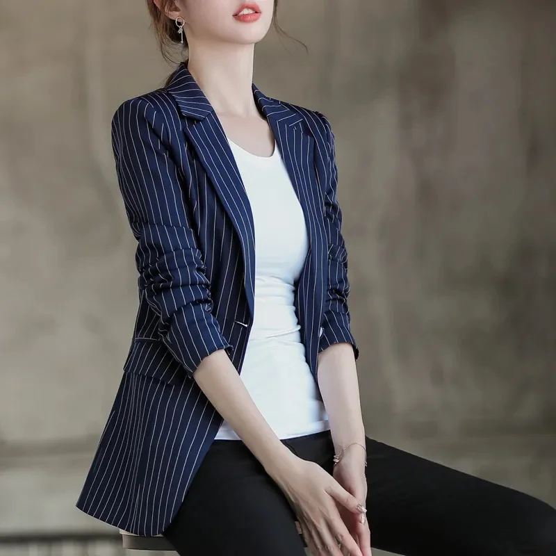 2024 New Women Blazer Korean Spring Autumn Slim Business Blazer Ladies Coats Office Blazer Casual Coat Stripe Long Sleeve Suits