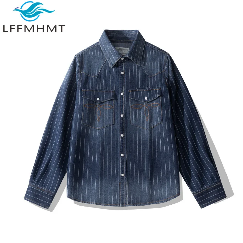 

4305 America Style Vintage Striped Denim Shirt for Men High Quality Classic Washing Retro Long Sleeve Dense Blouses Leisure Coat