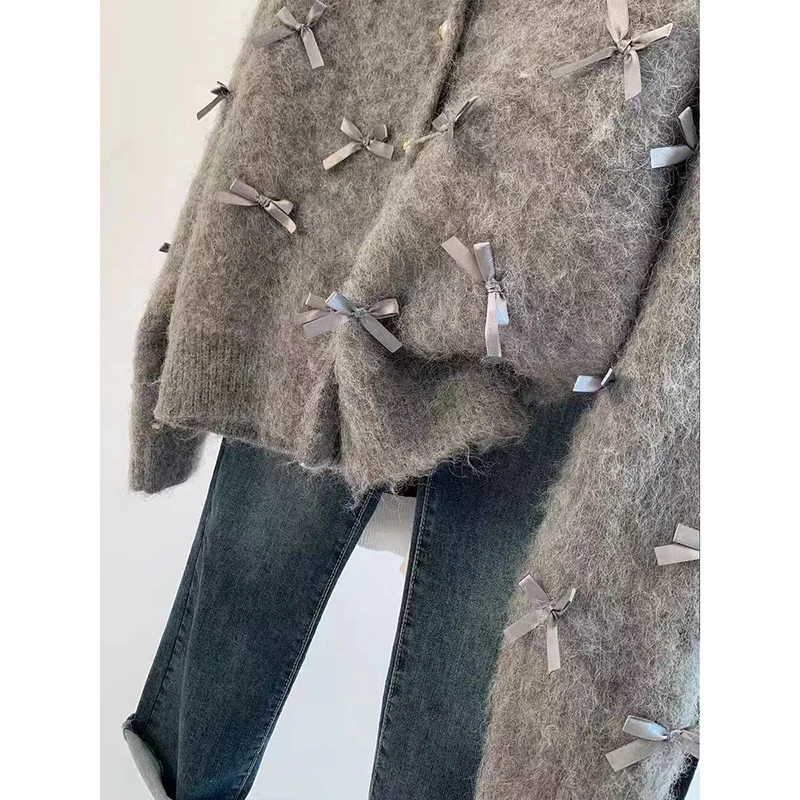 French Temperament Grey Bow Sweater Women 2024 Autumn Winter High Grade Soft Glutinous Mohair Knitted Cardigan Fragrant Coat