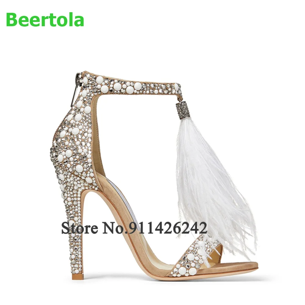 Perlen feder Luxus Design Sandalen für weibliche Frauen dünne High Heel runde Zehen Hochzeit romantische Mode elegante Sommerschuhe