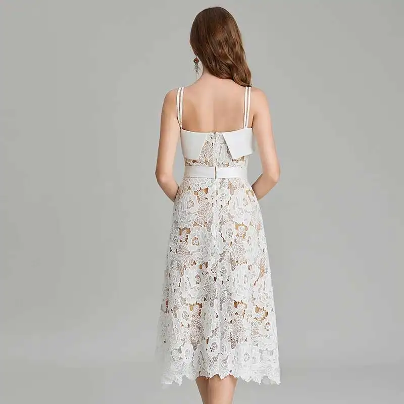 Summer Holiday Sundress Straps Sexy Backless Flower Embroidery White Lace Dress Women A Line Party Wedding Vestidos