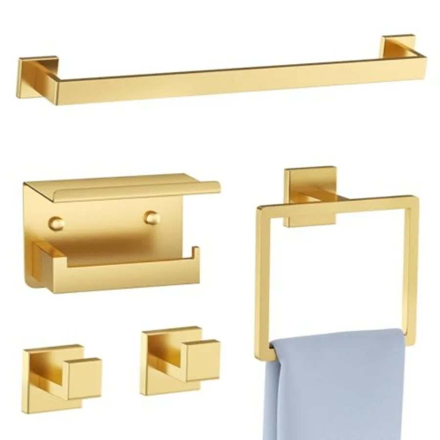 

5-Piece Bathroom Hardware Set Brushed Gold Towel Bar SetStainless Steel Towel Holder Set for Bathroom Wall-Mounted Towel Rack S