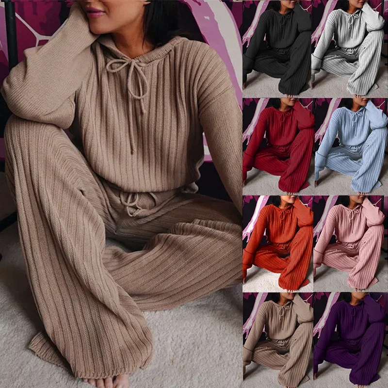 

Faionable Loose Women's Casual Outfit Large Size Long Sve Two-Piece Set Comfortable Hooded Pants Cross-Border Sle