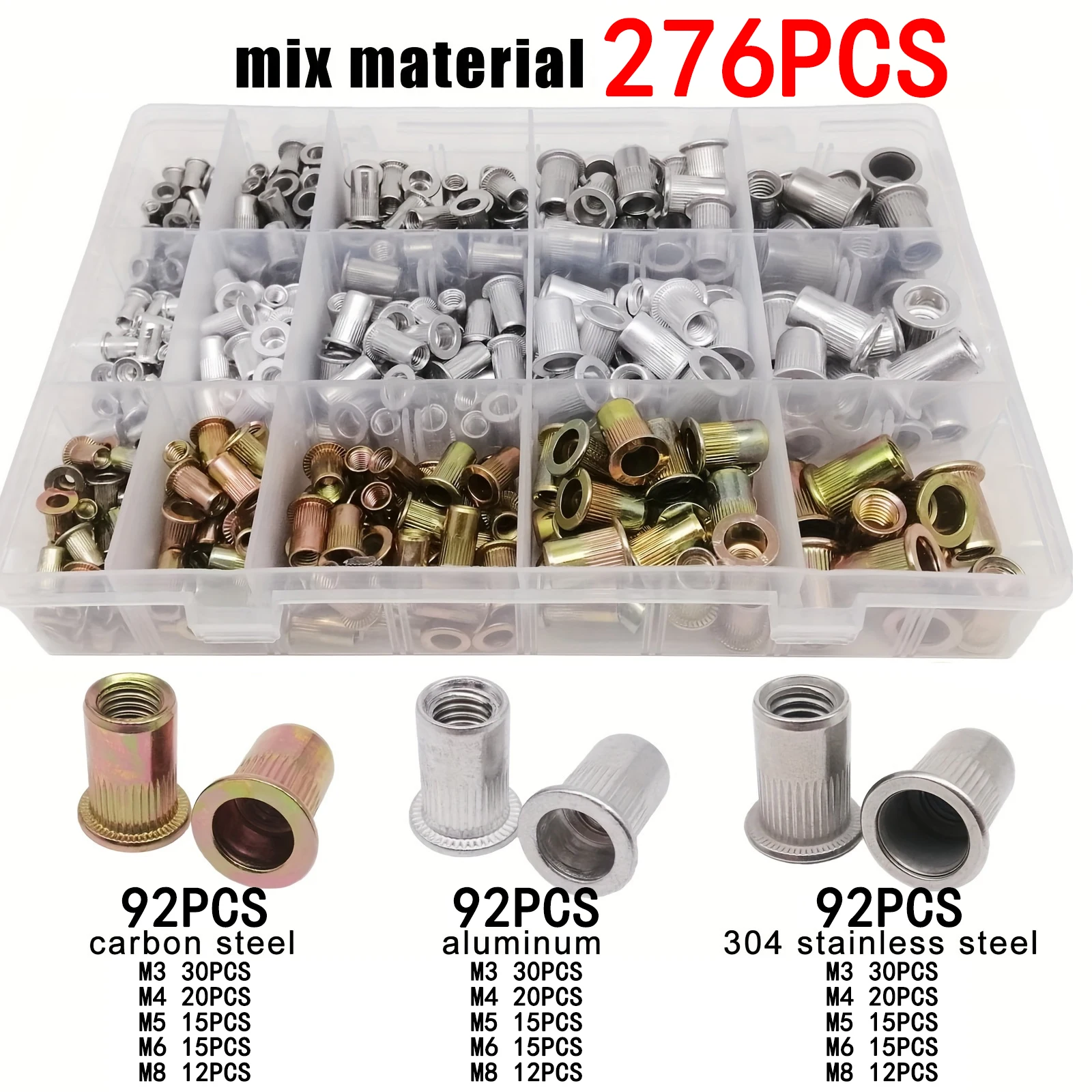 

276 шт. M3 M4 M5 M6 M8 Us Грубая резьба Unc 304 A2-70 Нержавеющая сталь Углеродистая сталь Алюминий Заклепка с плоской головкой Набор гаек