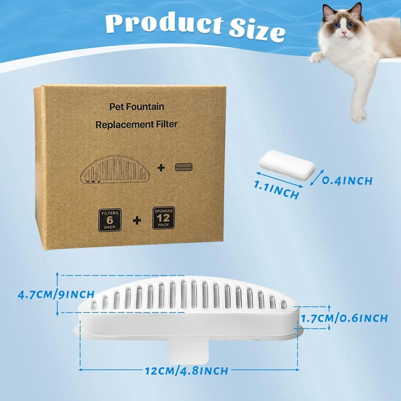 6PCS Cat Water Fountain Filters For Uahpet Water Fountain 67Oz/2L Cat Water Fountain Cat Fountain Replacement Filter