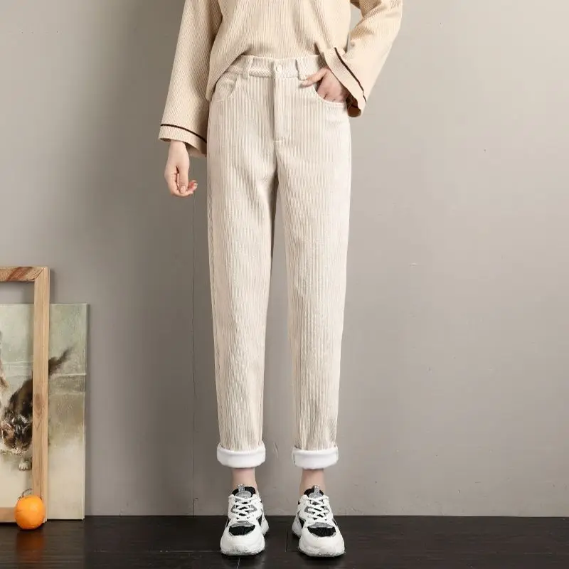 

Corduroy High Waist Slim Simple Harem Pants 2023 Autumn Winter Fashion Women Trousers Office Lady Loose Elegant Straight Pants