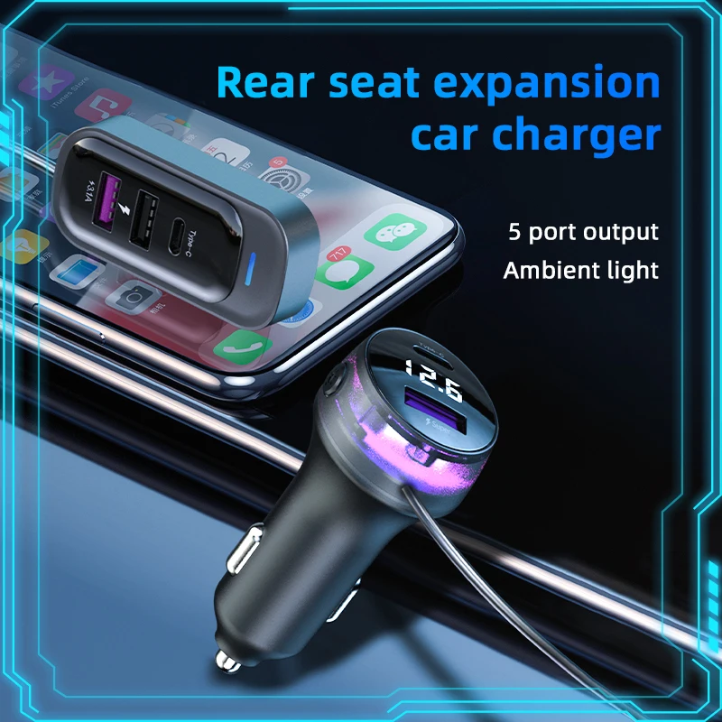 Car Charger Adapter 5 Port Output Super 15W Fast Charger Rear Seat Expansion Car 12V USB Charger 6 in 1 Type C USB Socket