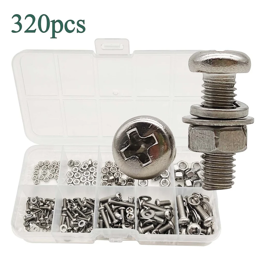 320pcs 2-5mm Stainless Steel Round Head Screw Combination Set Star Screws Nuts Flat Washers And Spring Washers  Assortment