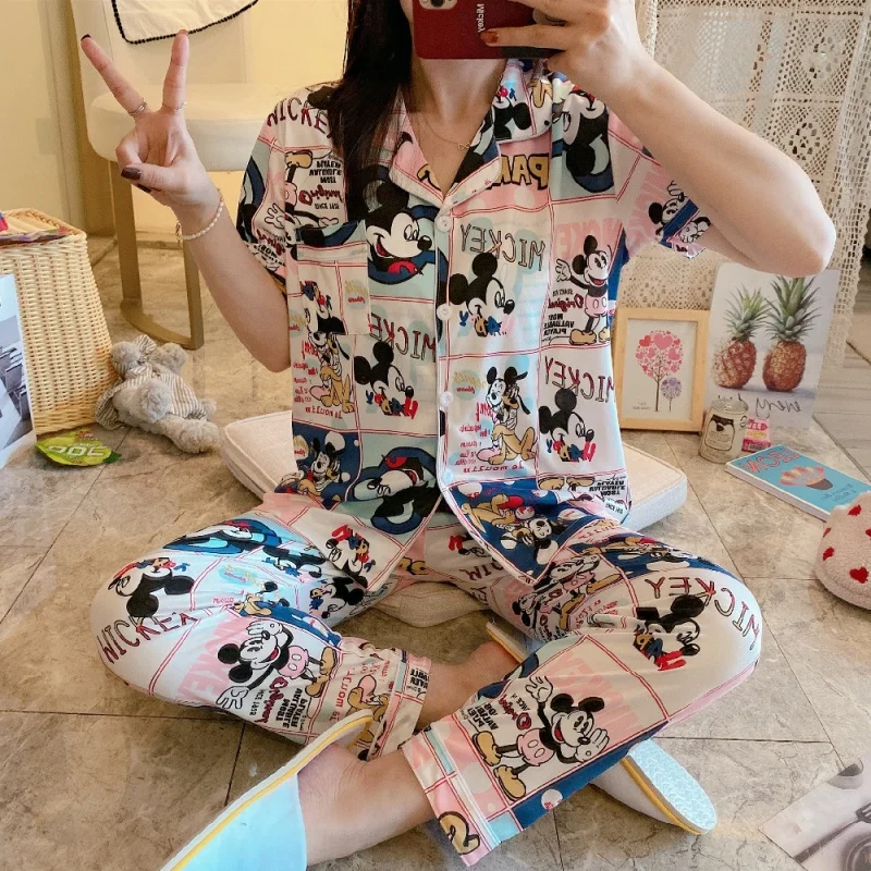 

New Summer Women's Cardigan Collar Short Sleeved+long Pants Pajama Set Cartoon Casual Loose Home Clothes