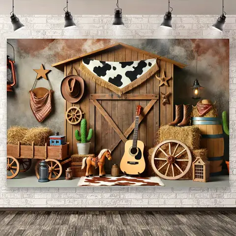 Background of a rural western farm party, equipped with haystacks and carriage wheels, suitable for birthdays and housewarming